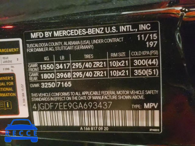 2016 MERCEDES-BENZ GL 63 AMG 4JGDF7EE9GA693437 image 9