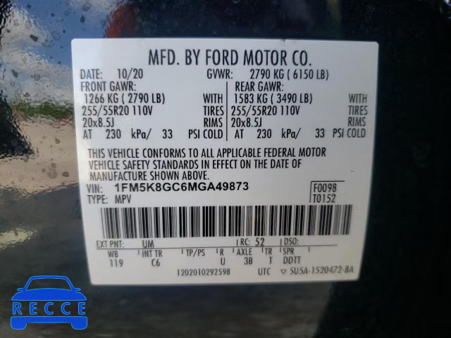 2021 FORD EXPLORER S 1FM5K8GC6MGA49873 Bild 9