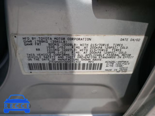 2002 TOYOTA RAV 4 JTEGH20V320071402 image 9