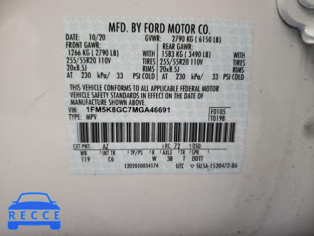 2021 FORD EXPLORER S 1FM5K8GC7MGA46691 Bild 9