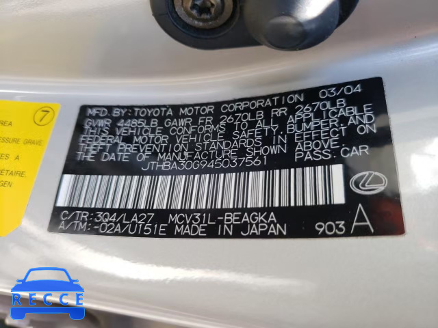 2004 LEXUS ES330 JTHBA30G945037561 image 9