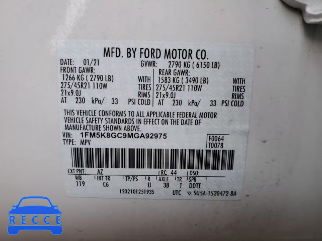 2021 FORD EXPLORER S 1FM5K8GC9MGA92975 Bild 9