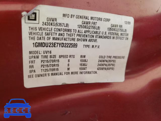 2000 PONTIAC MONTANA EC 1GMDU23E7YD222589 image 9