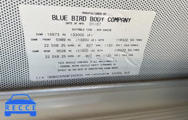 2008 BLUE BIRD SCHOOL BUS 1BABGCKA68F245836 image 9