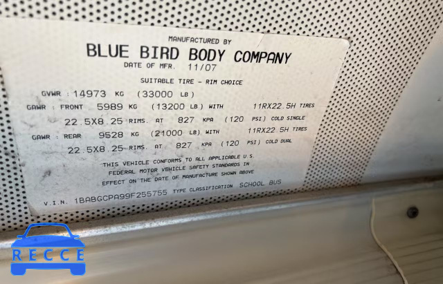 2009 BLUE BIRD SCHOOL BUS 1BABGCPA99F255755 image 9