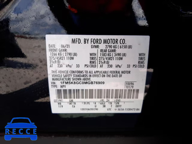 2021 FORD EXPLORER S 1FM5K8GC0MGB76909 image 9