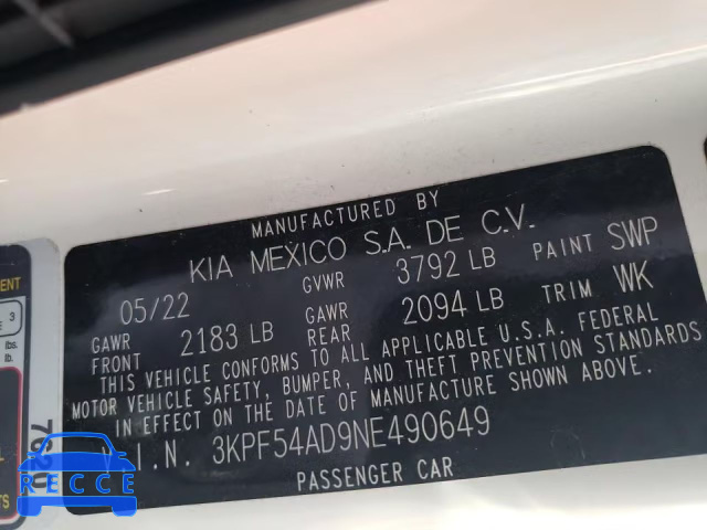 2022 KIA FORTE GT L 3KPF54AD9NE490649 Bild 9