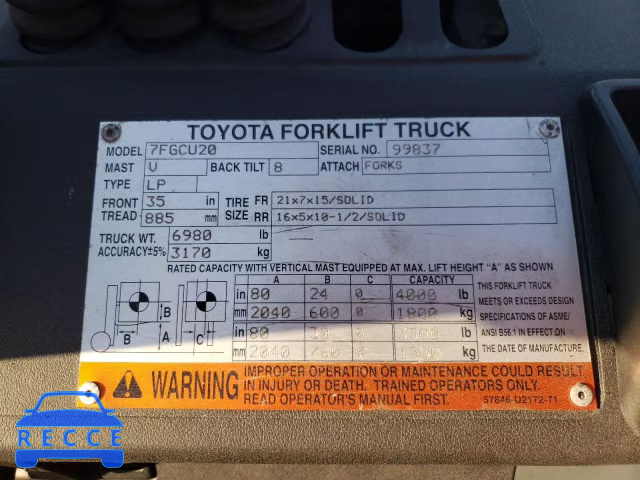 2007 TOYOTA FORKLIFT 99837 зображення 9