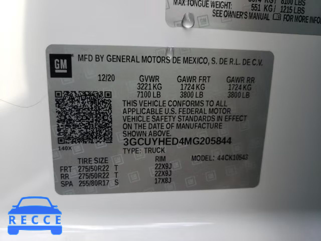 2021 CHEVROLET 1500 SILVE 3GCUYHED4MG205844 image 9