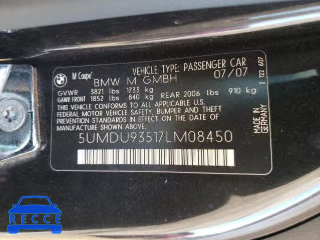 2007 BMW M COUPE 5UMDU93517LM08450 зображення 9