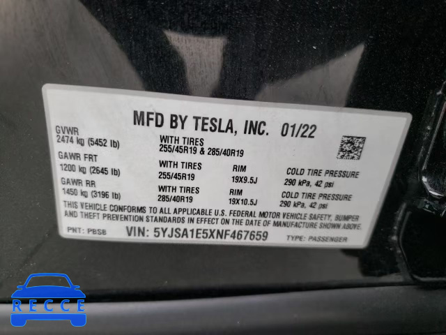 2022 TESLA MODEL S 5YJSA1E5XNF467659 зображення 9