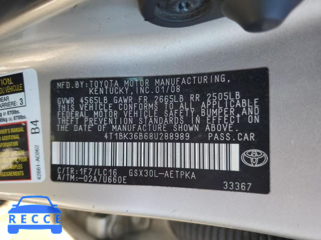 2008 TOYOTA AVALON LIM 4T1BK36B68U288989 image 9