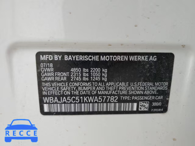 2019 BMW 530 I WBAJA5C51KWA57782 зображення 9