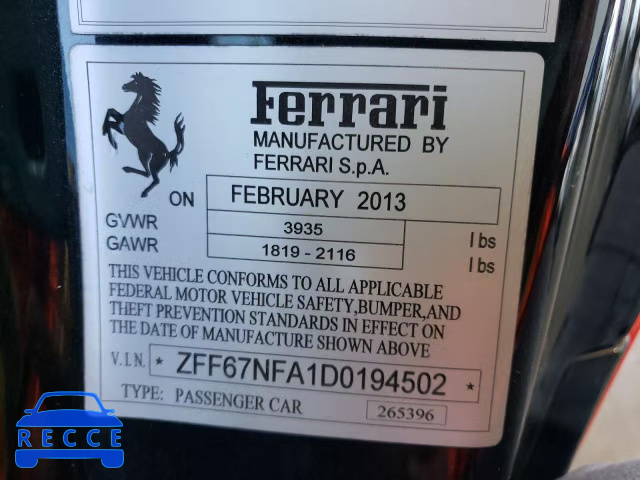 2013 FERRARI 458 ITALIA ZFF67NFA1D0194502 зображення 9