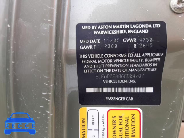 2006 ASTON MARTIN DB9 VOLANT SCFAD02A86GB04707 зображення 9