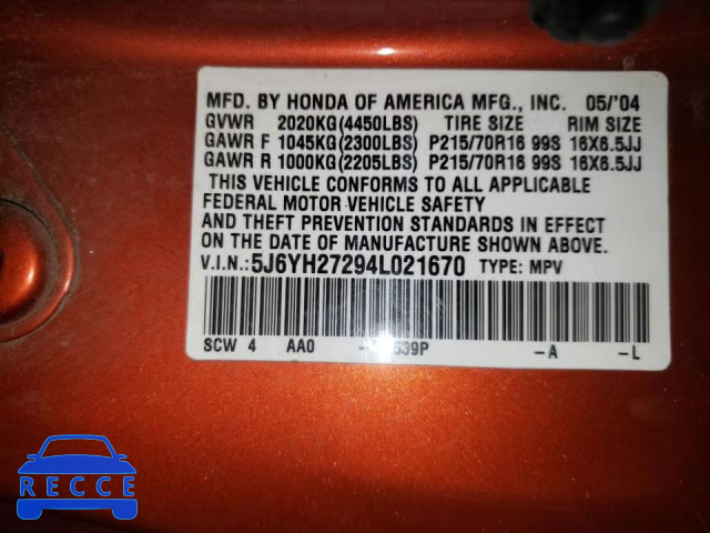 2004 HONDA ELEMENT DX 5J6YH27294L021670 image 9