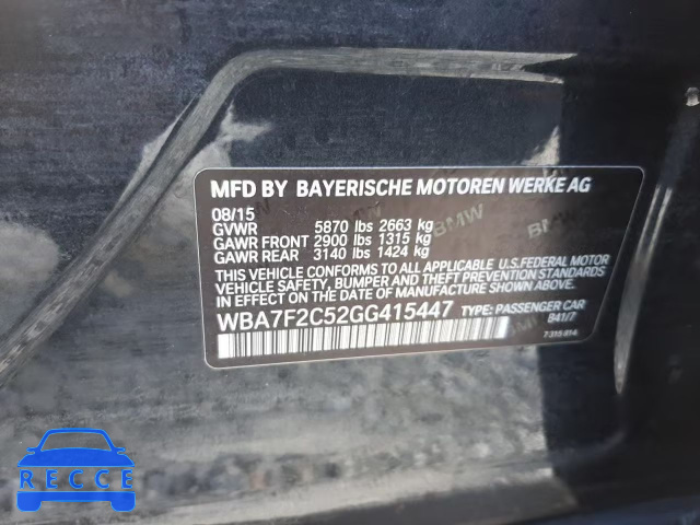 2016 BMW 750I XDRIV WBA7F2C52GG415447 зображення 9