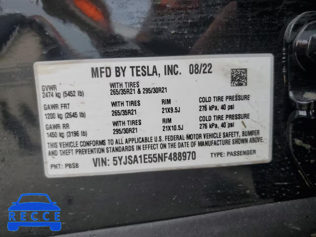 2022 TESLA MODEL S 5YJSA1E55NF488970 зображення 9