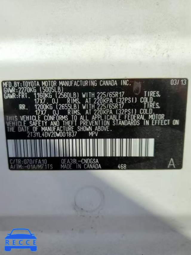 2013 TOYOTA RAV4 EV 2T3YL4DV2DW001837 Bild 9