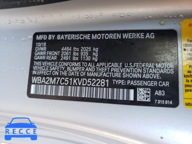 2019 BMW 230I WBA2M7C51KVD52281 зображення 9