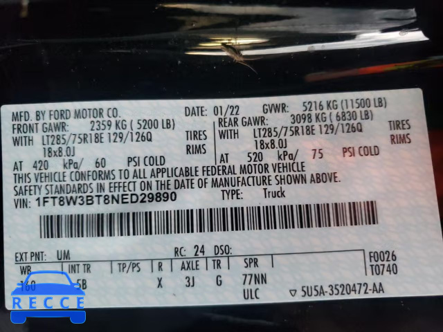 2022 FORD F350 SUPER 1FT8W3BT8NED29890 image 9