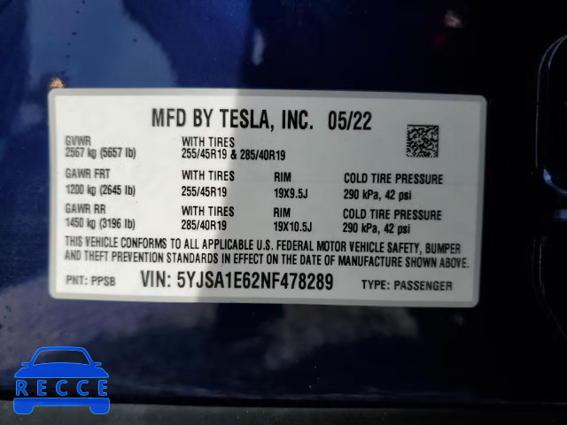 2022 TESLA MODEL S 5YJSA1E62NF478289 image 9