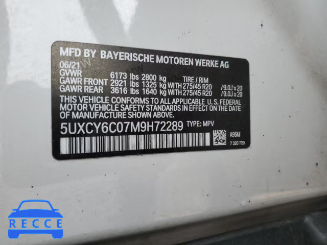 2021 BMW X6 XDRIVE4 5UXCY6C07M9H72289 image 9