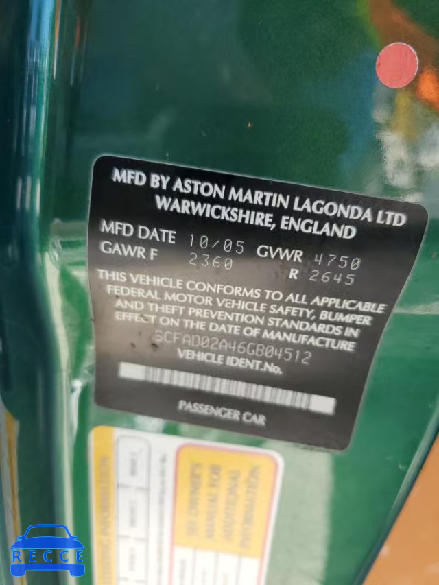 2006 ASTON MARTIN DB9 VOLANT SCFAD02A46GB04512 image 9