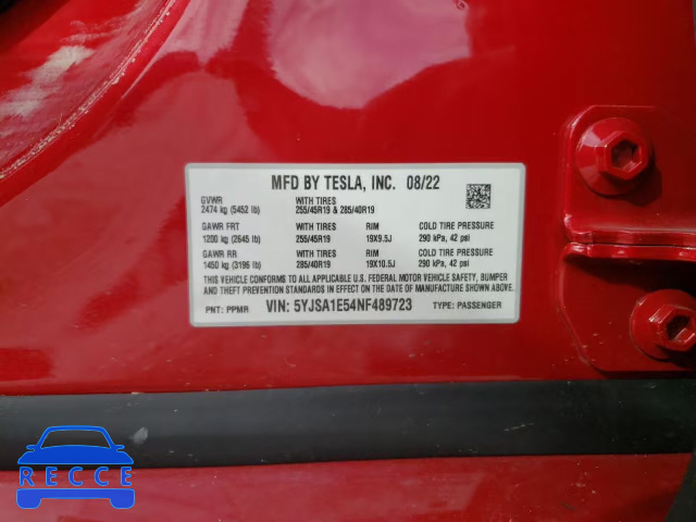 2022 TESLA MODEL S 5YJSA1E54NF489723 зображення 9