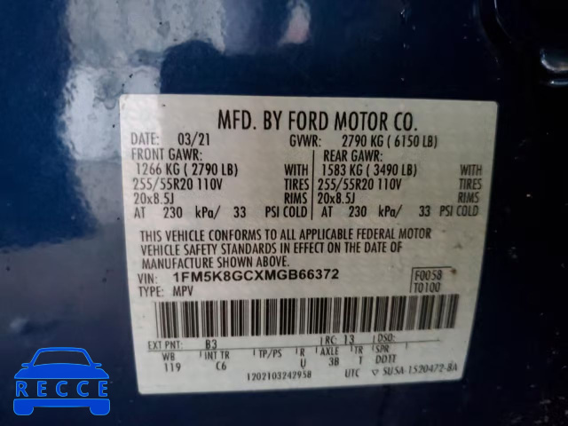 2021 FORD EXPLORER S 1FM5K8GCXMGB66372 Bild 9