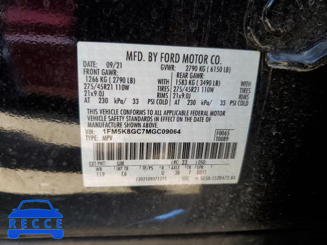 2021 FORD EXPLORER S 1FM5K8GC7MGC09064 image 9