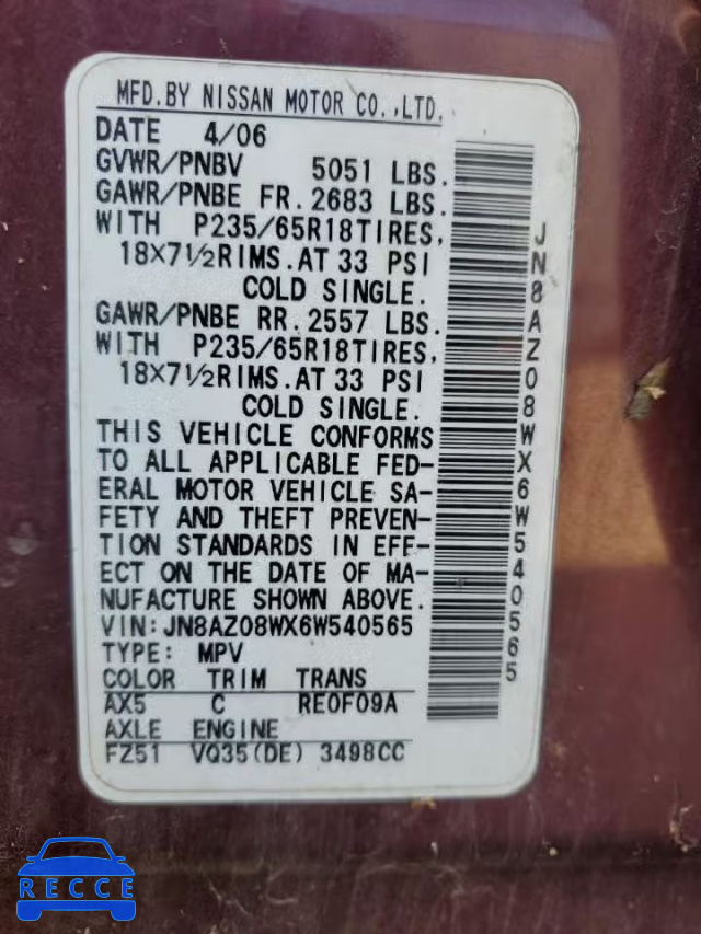2006 NISSAN MURANO S JN8AZ08WX6W540565 image 9