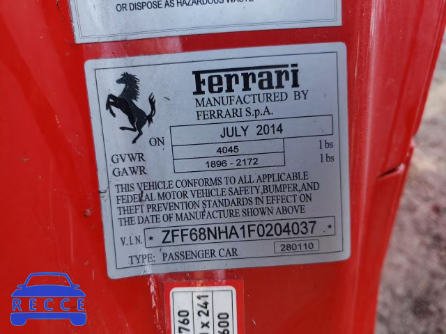 2015 FERRARI 458 SPIDER ZFF68NHA1F0204037 зображення 9