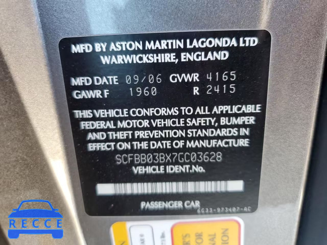 2007 ASTON MARTIN V8 VANTAGE SCFBB03BX7GC03628 image 9