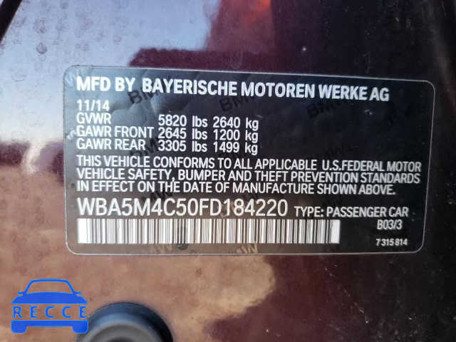 2015 BMW 535 XIGT WBA5M4C50FD184220 зображення 9