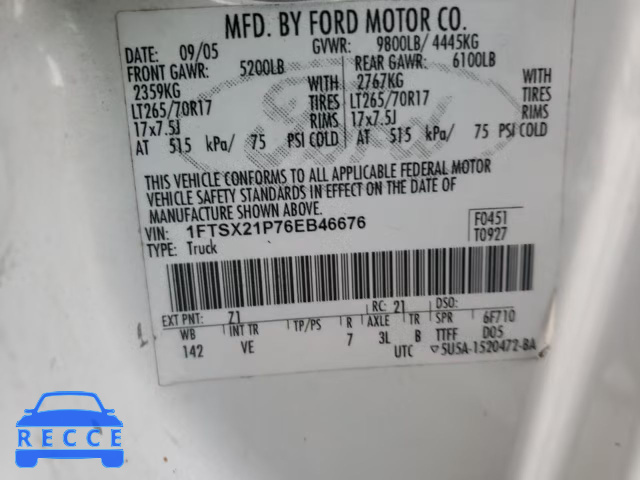 2006 FORD F 250 1FTSX21P76EB46676 Bild 9