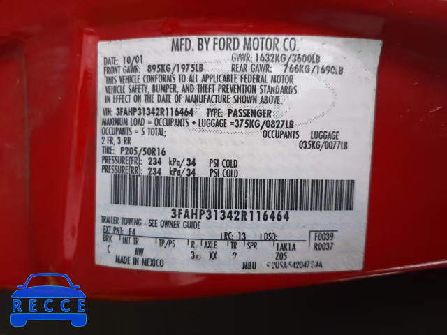 2002 FORD FOCUS ZX3 3FAHP31342R116464 image 11