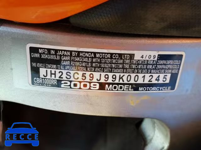 2009 HONDA CBR1000 JH2SC59J99K001245 image 9