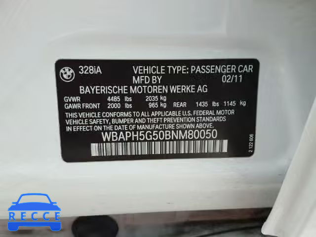 2011 BMW 328I SULEV WBAPH5G50BNM80050 Bild 9