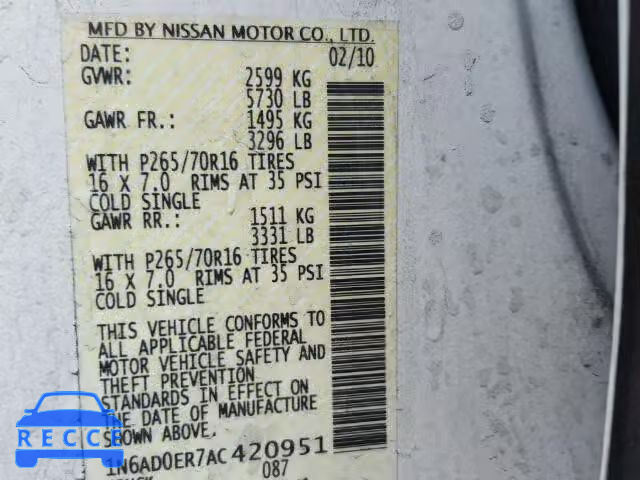 2010 NISSAN FRONTIER 1N6AD0ER7AC420951 image 9