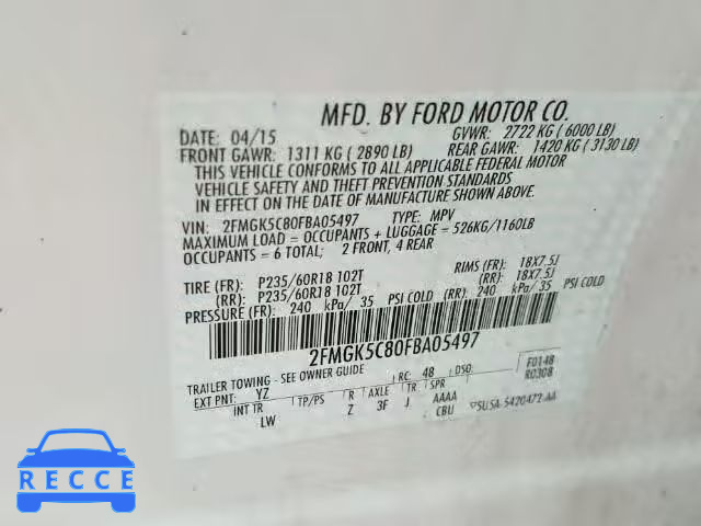 2015 FORD FLEX SEL 2FMGK5C80FBA05497 Bild 9