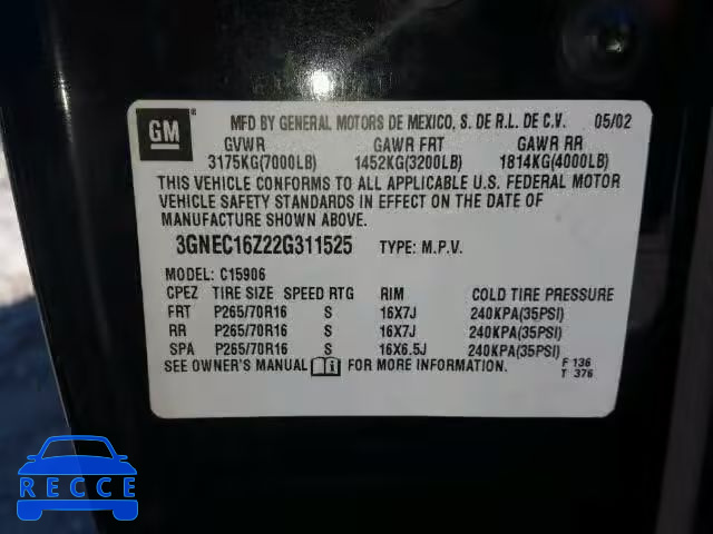 2002 CHEVROLET SUBURBAN 3GNEC16Z22G311525 image 9