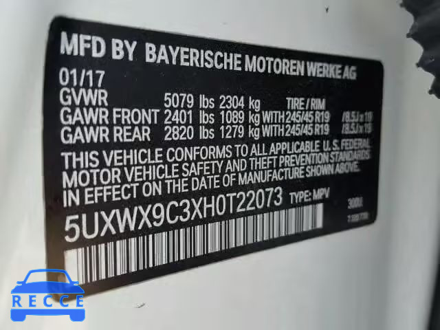 2017 BMW X3 5UXWX9C3XH0T22073 image 9