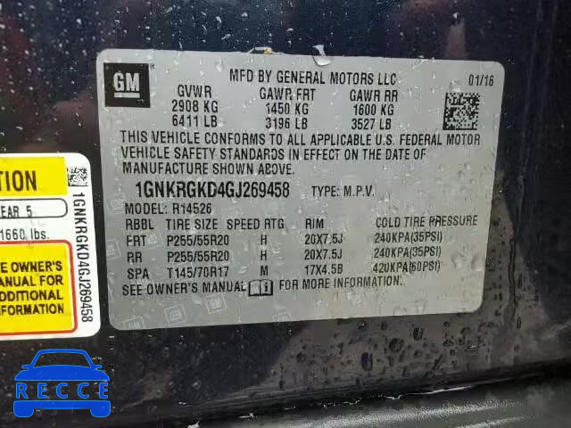 2016 CHEVROLET TRAVERSE 1GNKRGKD4GJ269458 Bild 9