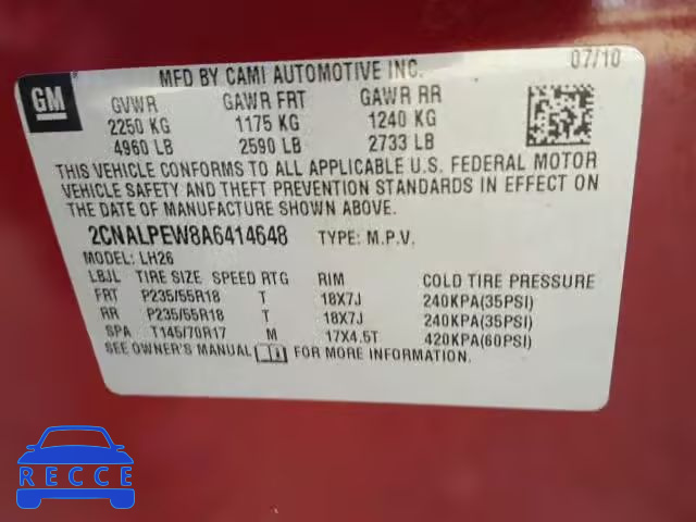 2010 CHEVROLET EQUINOX 2CNALPEW8A6414648 зображення 9