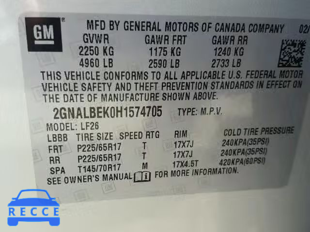 2017 CHEVROLET EQUINOX 2GNALBEK0H1574705 image 9