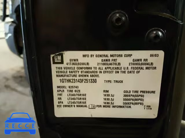 2003 GMC SIERRA 1GTHK23143F251330 image 9