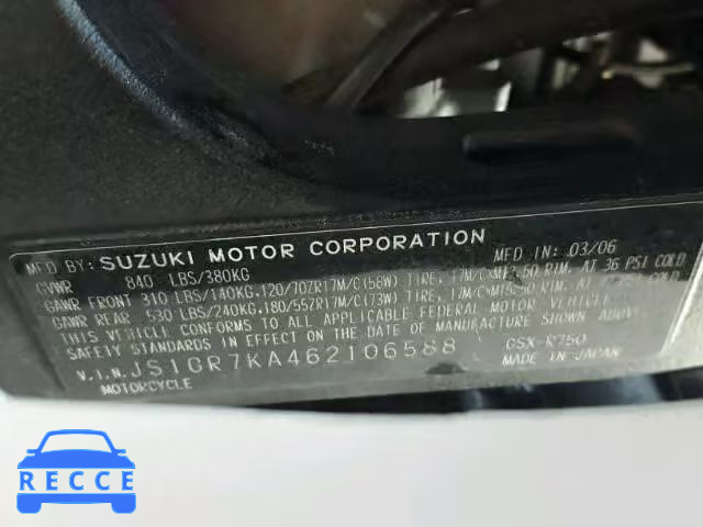 2006 SUZUKI GSX-R750 JS1GR7KA462106588 image 9