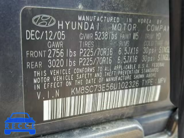 2006 HYUNDAI SANTA FE KM8SC73E56U102326 image 9