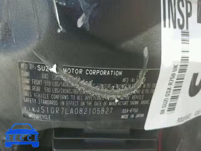 2008 SUZUKI GSX-R750 JS1GR7LA082105827 image 9
